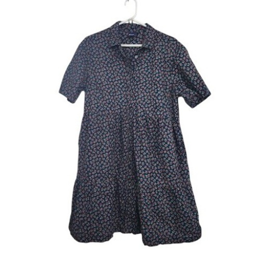 Gap Women Navy Blue Floral Tiered Short Sleeve Cotton Shirt Dress Large Tall 432